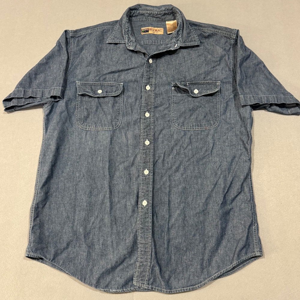 Big Mac Work Shirt Mens Large Blue Vintage Short Sleeve Chambray Cotton Button